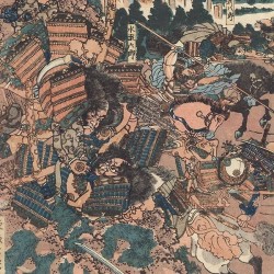 Woodprint De grote strijd tussen Nitta Yoshisada en Ashikaga Takauji Woodprint De grote strijd tussen Nitta Yoshisada en Ashikaga Takauji